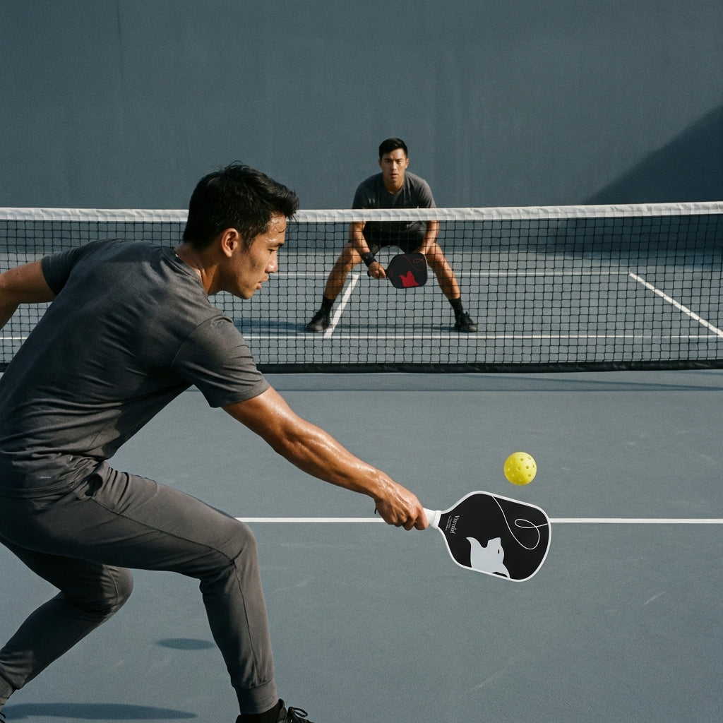 2 pickleball spelers die 1 tegen 1 tegen elkaar spelen (single)