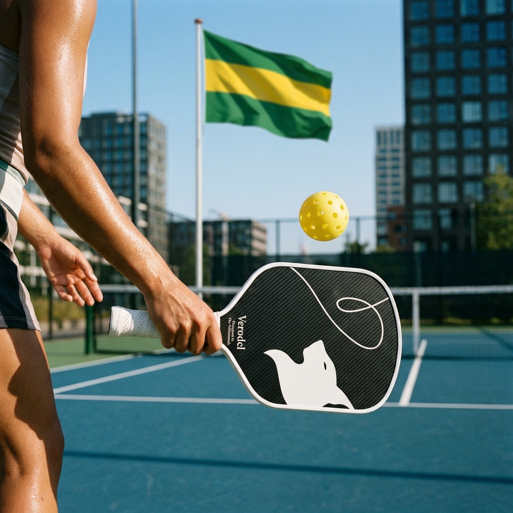 vrouw met pickleball paddle vast in pickleball den haag