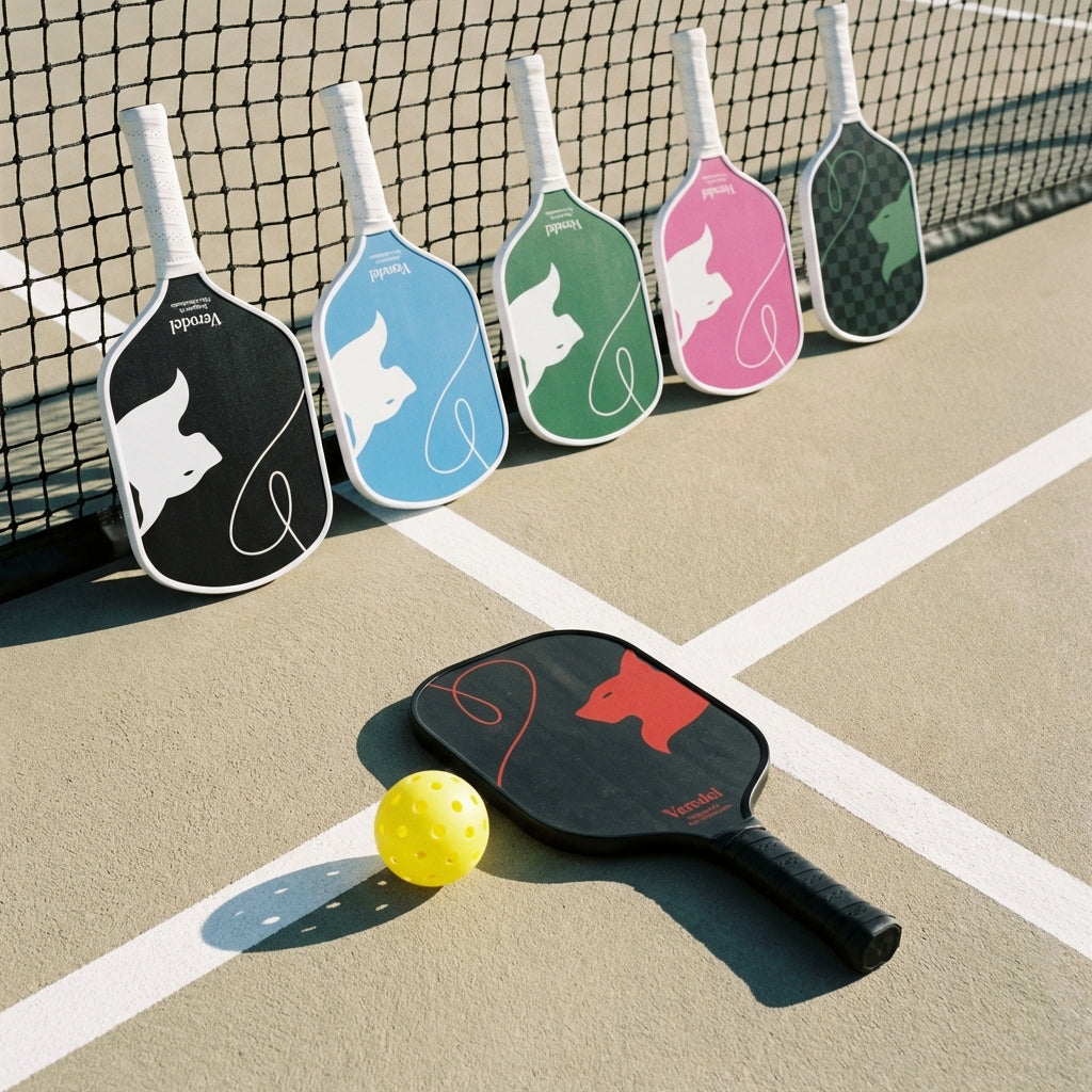 6 pickleball racket kopen en een pickleball bal op een pickleballbaan