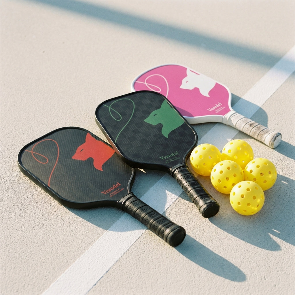 pickleball set waaronder paddles en ballen op een pickleballbaan