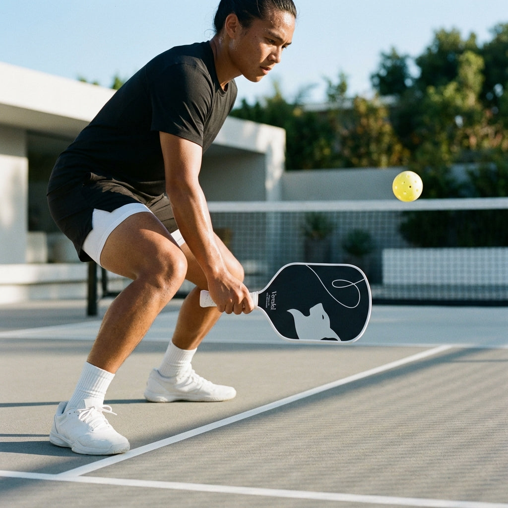 pickleball speler die de third shot drop techniek uitoefent