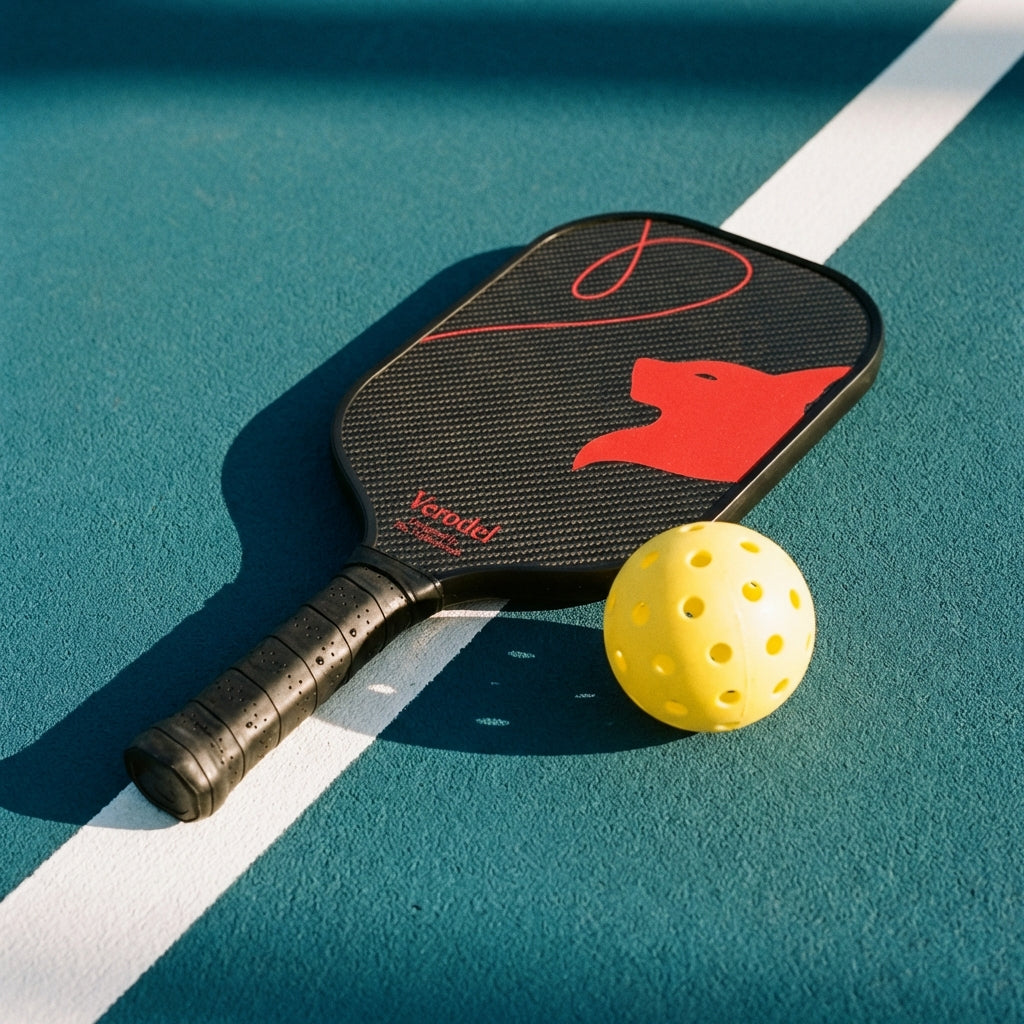 pickleball paddle met een bal op de grond tijdens pickleball vs paddle