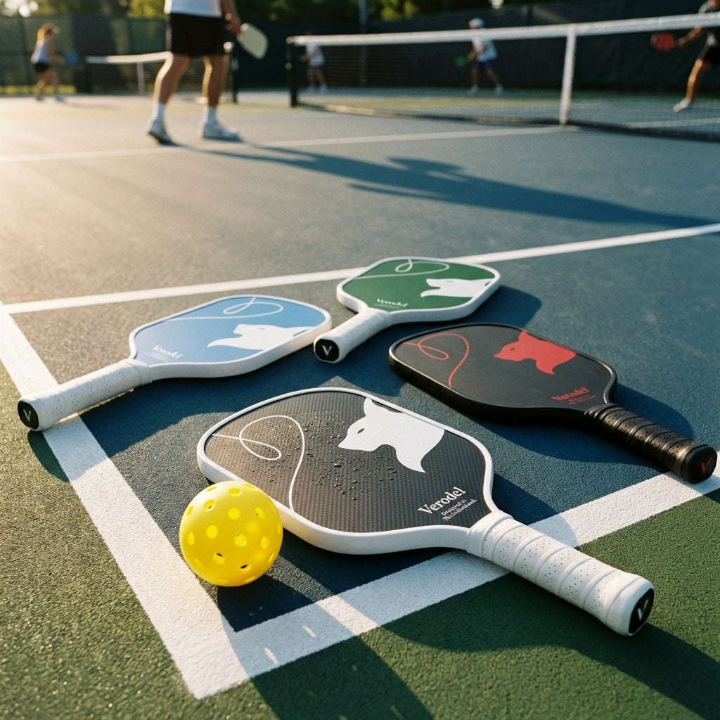 4 pickleball paddles die op een pickleballbaan liggen