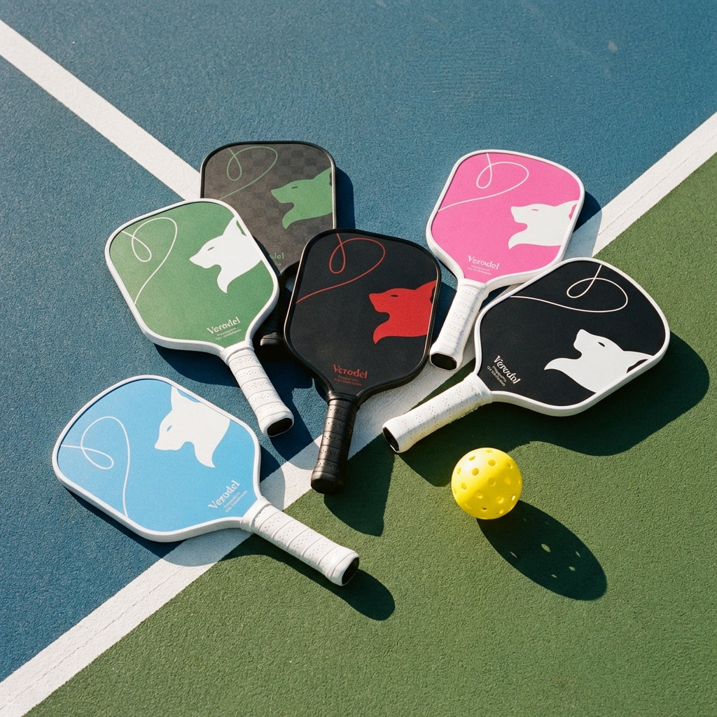 pickleball paddles op de pickleballbaan met een bal erbij